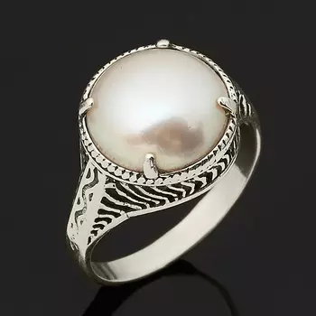 Кольцо жемчуг белый (серебро 925 пр. оксидир.) размер 17,5