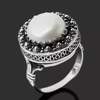 Кольцо жемчуг белый (серебро 925 пр. оксидир.) размер 18