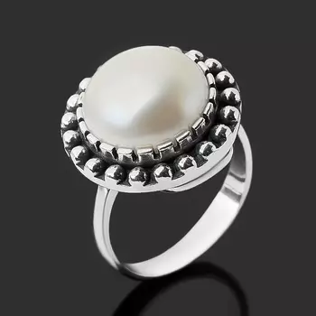 Кольцо жемчуг белый (серебро 925 пр. оксидир.) размер 17