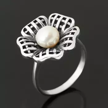 Кольцо жемчуг белый (серебро 925 пр. оксидир.) размер 18,5