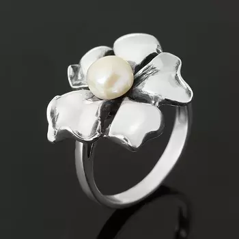 Кольцо жемчуг белый (серебро 925 пр. оксидир.) размер 18