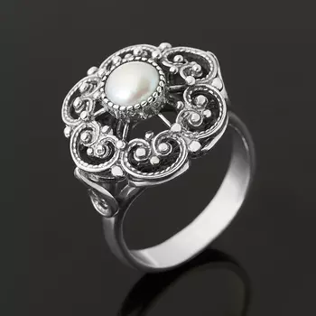 Кольцо жемчуг белый (серебро 925 пр. оксидир.) размер 18