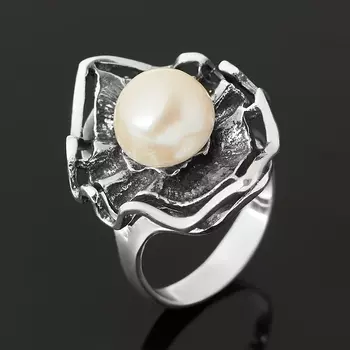 Кольцо жемчуг белый (серебро 925 пр. оксидир.) размер 18