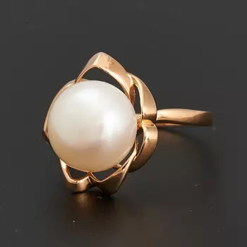 Кольцо жемчуг белый (серебро 925 пр., позолота) размер 17