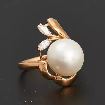 Кольцо жемчуг белый (серебро 925 пр., позолота) размер 17