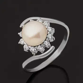 Кольцо жемчуг белый (серебро 925 пр. родир. бел.) размер 18,5