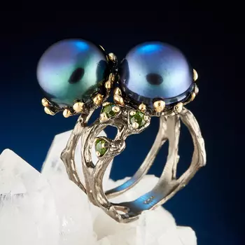 Кольцо жемчуг черный (серебро 925 пр., позолота) размер 18,5