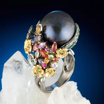 Кольцо жемчуг черный (серебро 925 пр., позолота) размер 17,5