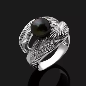 Кольцо жемчуг черный (серебро 925 пр. родир. бел.) размер 17,5