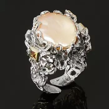 Кольцо жемчуг кеши розовый (серебро 925 пр. позолота, родир. бел.) (регулируемый) размер 18