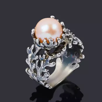 Кольцо жемчуг персиковый (серебро 925 пр. оксидир.) размер 17,5