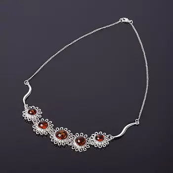 Колье янтарь 49 см (латунь посеребр.)