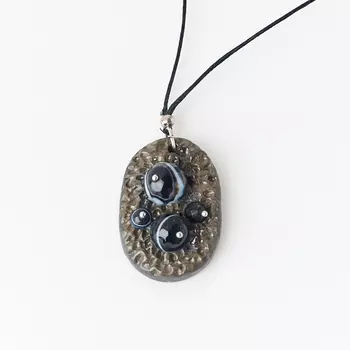 Кулон агат черный (биж. сплав, глина полимерная, текстиль) овал огранка