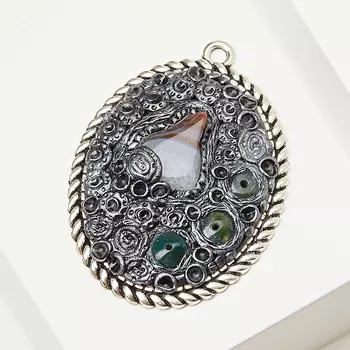 Кулон агат моховой, серый (биж. сплав, глина полимерная) овал