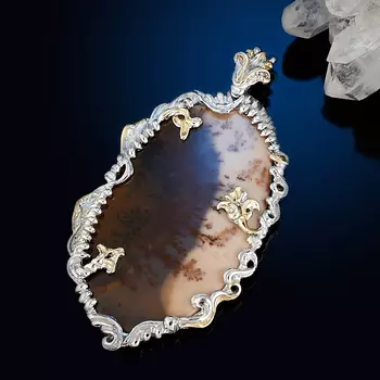 Кулон агат пейзажный (серебро 925 пр. позолота, родир. бел.) овал