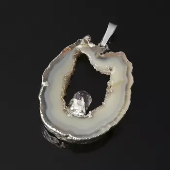 Кулон агат серый (биж. сплав) срез с кристаллом аметиста 4-5 см