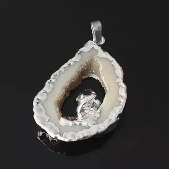 Кулон агат серый (биж. сплав) срез с кристаллом аметиста 4-5 см