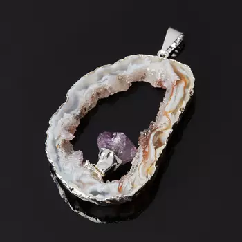 Кулон агат серый (биж. сплав) срез с кристаллом аметиста 5-7 см