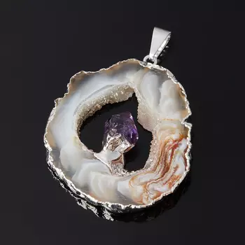 Кулон агат серый (биж. сплав) срез с кристаллом аметиста 5-7 см