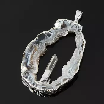 Кулон агат серый (биж. сплав) срез с кристаллом горного хрусталя 5-7,5 см