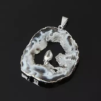 Кулон агат серый (биж. сплав) срез с кристаллом горного хрусталя 5-7,5 см