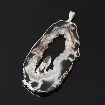 Кулон агат серый (биж. сплав) срез с кристаллом горного хрусталя 5-7,5 см