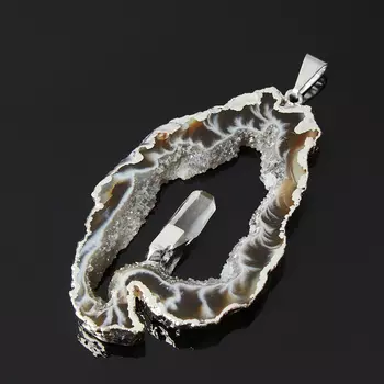 Кулон агат серый (биж. сплав) срез с кристаллом горного хрусталя 5-7,5 см