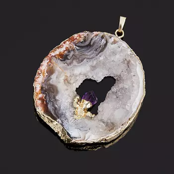 Кулон агат серый срез с кристаллом аметиста (биж. сплав) 7,5 см