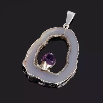 Кулон агат серый срез с кристаллом аметиста (биж. сплав) 4-5,5 см