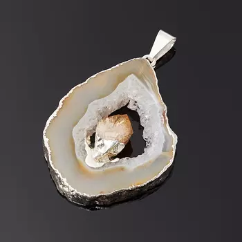 Кулон агат серый срез с кристаллом цитрина (биж. сплав) 4,5-5 см