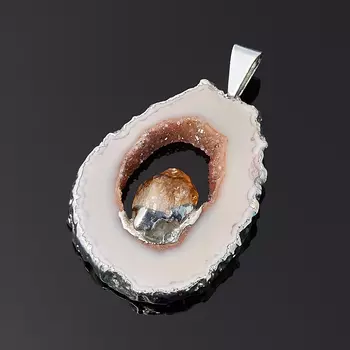 Кулон агат серый срез с кристаллом цитрина (биж. сплав) 4,5-5 см