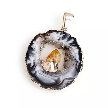 Кулон агат серый срез с кристаллом цитрина (биж. сплав) 4-6 см