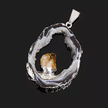Кулон агат серый срез с кристаллом цитрина (биж. сплав) 4-6 см