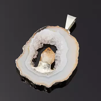 Кулон агат серый срез с кристаллом цитрина (биж. сплав) 4 см