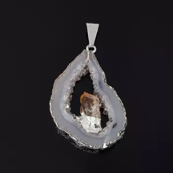 Кулон агат серый срез с кристаллом цитрина (биж. сплав) 4,5-5 см