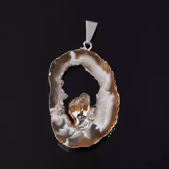 Кулон агат серый срез с кристаллом цитрина (биж. сплав) 4,5-5 см