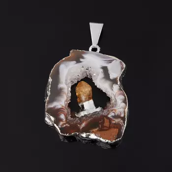 Кулон агат серый срез с кристаллом цитрина (биж. сплав) 4 см