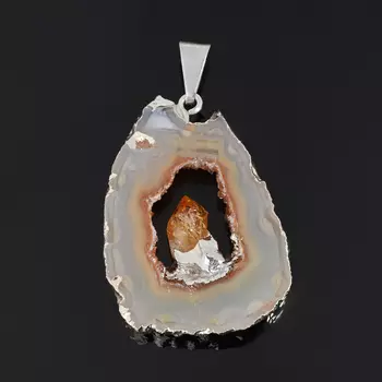 Кулон агат серый срез с кристаллом цитрина (биж. сплав) 4 см