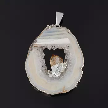 Кулон агат серый срез с кристаллом цитрина (биж. сплав) 4,5-5 см