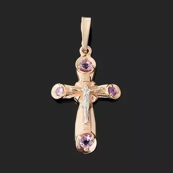Кулон аметист (серебро 925 пр. позолота, родир. бел.) крест огранка