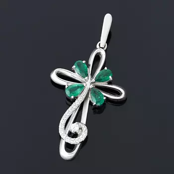 Кулон изумруд крест огранка (серебро 925 пр. родир. бел.)