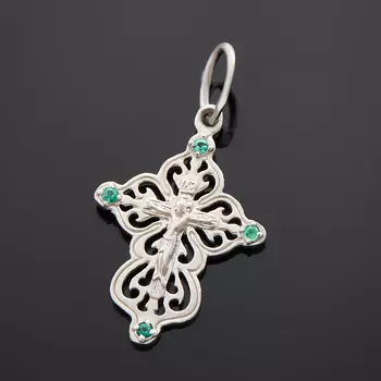 Кулон изумруд крест огранка (серебро 925 пр. родир. бел.)