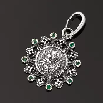 Кулон изумруд (серебро 925 пр. оксидир.) Богоматерь Владимирская огранка