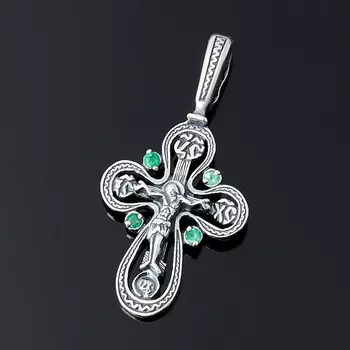Кулон изумруд (серебро 925 пр. оксидир., родир. бел.) крест огранка