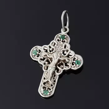 Кулон изумруд (серебро 925 пр. родир. бел.) крест огранка