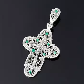 Кулон изумруд (серебро 925 пр. родир. бел.) крест огранка