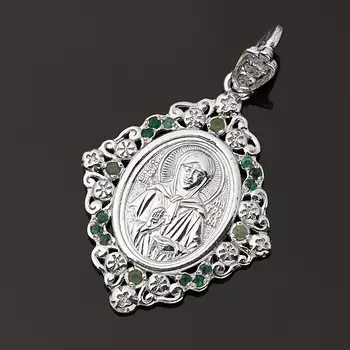 Кулон изумруд (серебро 925 пр. родир. бел.) Святая Матрона огранка