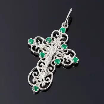 Кулон изумруд (серебро 925 пр. родир. бел.) крест огранка