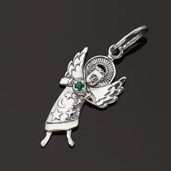 Кулон изумруд (серебро 925 пр. родир. бел.) Ангел-хранитель огранка