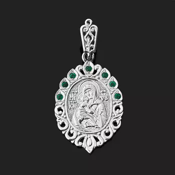 Кулон изумруд (серебро 925 пр. родир. бел.) Богоматерь Владимирская огранка